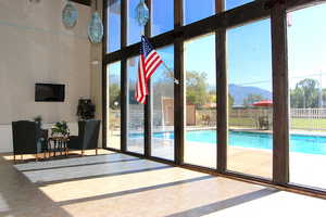 high ceiling and a mountain view