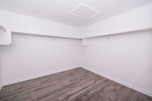 Walk in closet featuring attic access and dark wood-type flooring