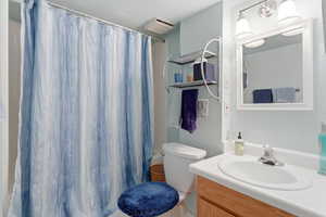 Full bathroom with vanity and a shower with shower curtain
