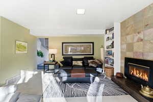 Living area featuring built in shelves and a fireplace