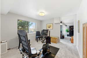 Workout room with light colored carpet and baseboards