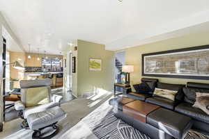 Living area featuring carpet and recessed lighting