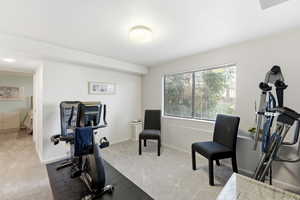 Exercise room with carpet floors and baseboards