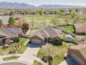 Aerial view of residential area with mountains