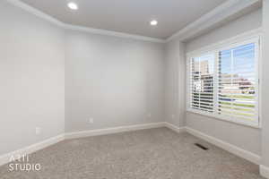 Unfurnished room featuring crown molding, light colored carpet, and recessed lighting