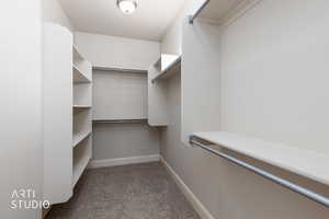 Primary suite, walk in closet featuring light colored carpet