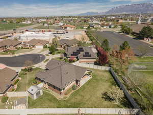 Aerial view of residential area with a mountain backdrop