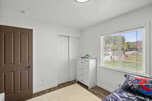 Bedroom featuring dark wood-style flooring and a closet