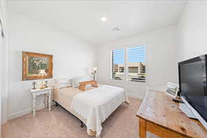 Bedroom with baseboards and light colored carpet