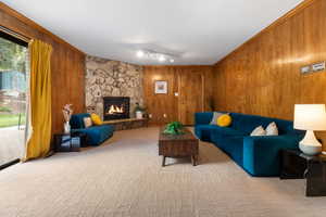 Living room featuring carpet flooring, a stone fireplace, wooden walls, track lighting, and ornamental molding