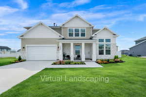 Craftsman-style house with stone siding, covered porch, concrete driveway, and a garage
