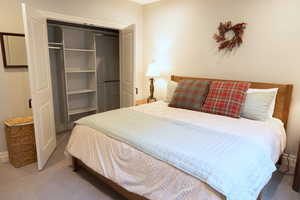 Bedroom with a closet and light colored carpet