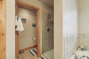 Full bathroom with a shower stall, a garden tub, and light tile patterned floors