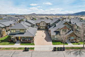 Aerial view of residential area with mountains