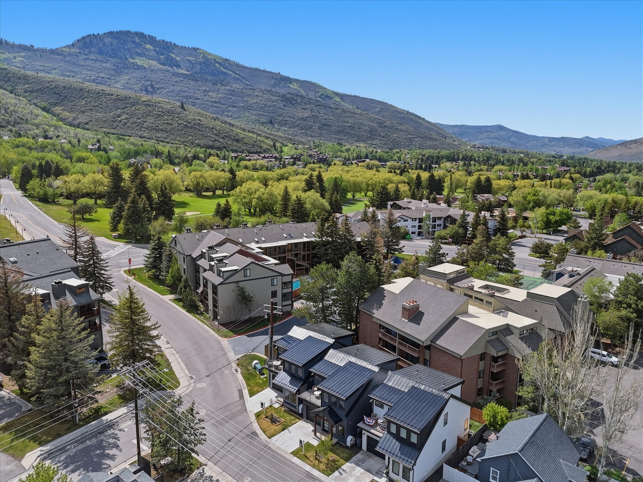 Aerial perspective showcasing multiple residential structures, including contemporary townhomes with dark metal roofs and brick-sided multi-story buildings, all set against a backdrop of lush green parkland and distant mountains