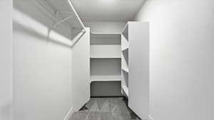 Walk in closet with light colored carpet
