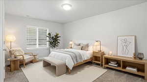 Bedroom with light carpet and baseboards