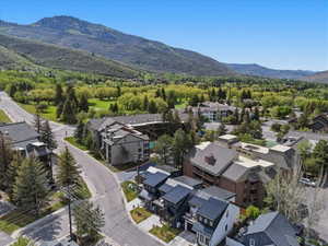 Modern multi-story residences featuring dark metal roofs and light-colored siding, surrounded by mature trees and paved roadways