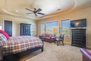 Bedroom featuring a tray ceiling, ceiling fan, multiple windows, carpet floors, and access to exterior
