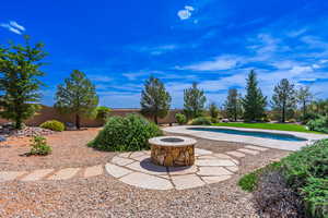 Swimming pool with an outdoor fire pit, a patio, and a fenced backyard