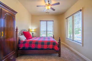 Carpeted bedroom with a ceiling fan and multiple windows