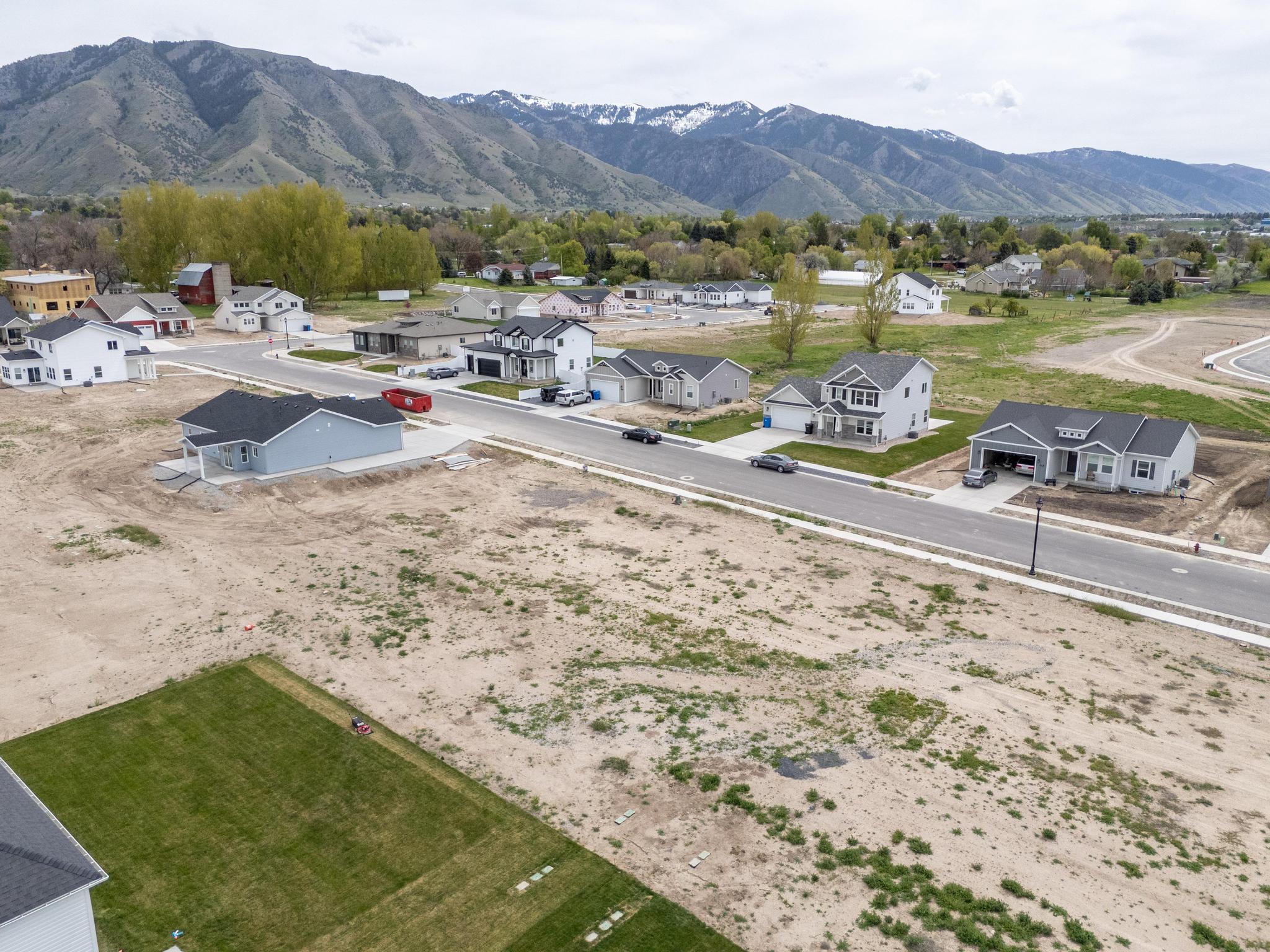 Aerial perspective of suburban area with a mountain backdrop