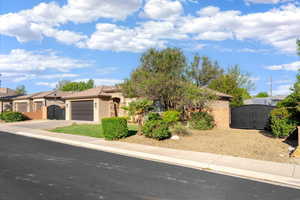 View of front facade with a gate, an attached garage, driveway, and stucco siding