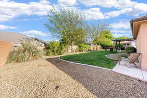 Fenced backyard with a patio