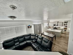Living area with a textured ceiling and dark wood finished floors