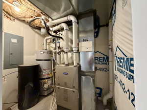 Utility room featuring electric panel and water heater
