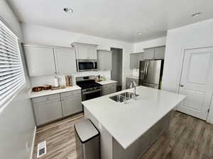 Kitchen with stainless steel appliances, light wood-style flooring, gray cabinetry, recessed lighting, and a textured ceiling