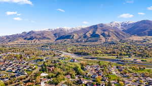 Aerial perspective of suburban area featuring mountains