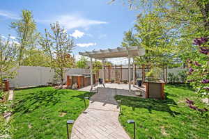 Fenced backyard featuring a patio area and a pergola