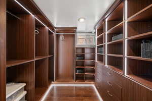Walk in closet with dark wood finished floors