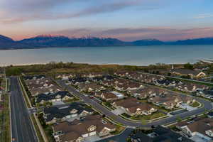 Aerial view of residential area with a water and mountain view