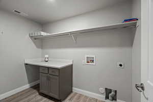 Laundry area with hookup for a washing machine, folding table and electric dryer hookup