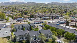 Aerial view of residential area with mountains