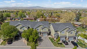 Aerial view of residential area with mountains
