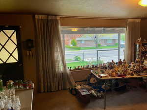 Dining area with a textured ceiling and carpet