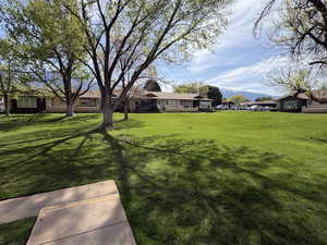 View of grassy yard featuring a mountain view