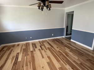Unfurnished room with light wood finished floors, ceiling fan, and ornamental molding
