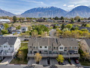 Aerial view of residential area with a mountainous background