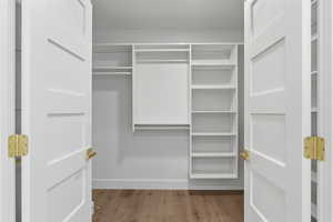 Walk in closet with light wood-style flooring