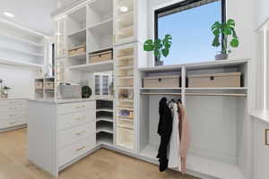 Walk in closet with light wood-style flooring