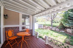 Recently re-painted deck and private, shaded back yard area. Can be enclosed with included fencing panels.