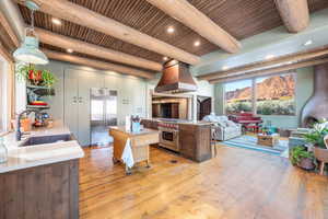 Kitchen with light wood-style floors, high end appliances, island exhaust hood, decorative light fixtures, and open floor plan