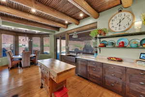 Kitchen with butcher block countertops, a wooden ceiling with exposed beams, hanging light fixtures, light wood-type flooring, and plenty of natural light