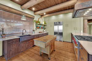 Kitchen featuring premium appliances, wooden counters, light wood finished floors, pendant lighting, and a wood ceiling with exposed beams