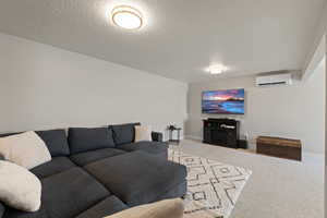 Living area featuring a textured ceiling and carpet flooring