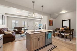 Kitchen with open floor plan, pendant lighting, light wood-type flooring, and stainless steel dishwasher